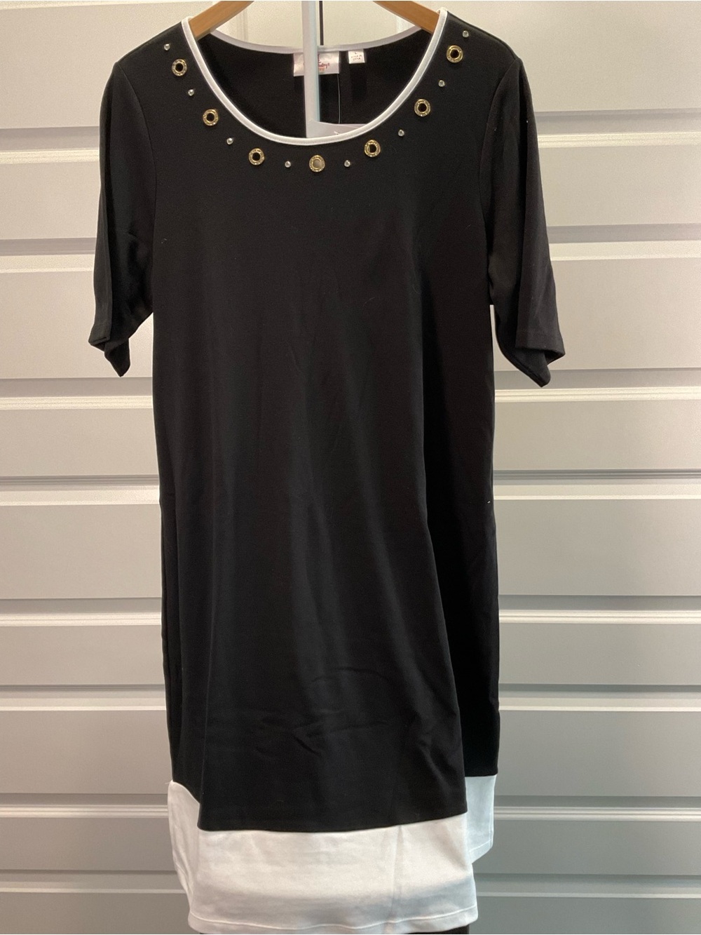 Black and White Mini Shift Dress with Grommet Neckline